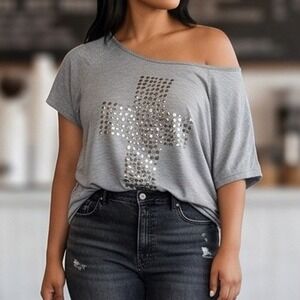 Torrid 0 Gray Studded Cross‎ Off Shoulder Slub Tee Plus Size XL Slouchy Goth